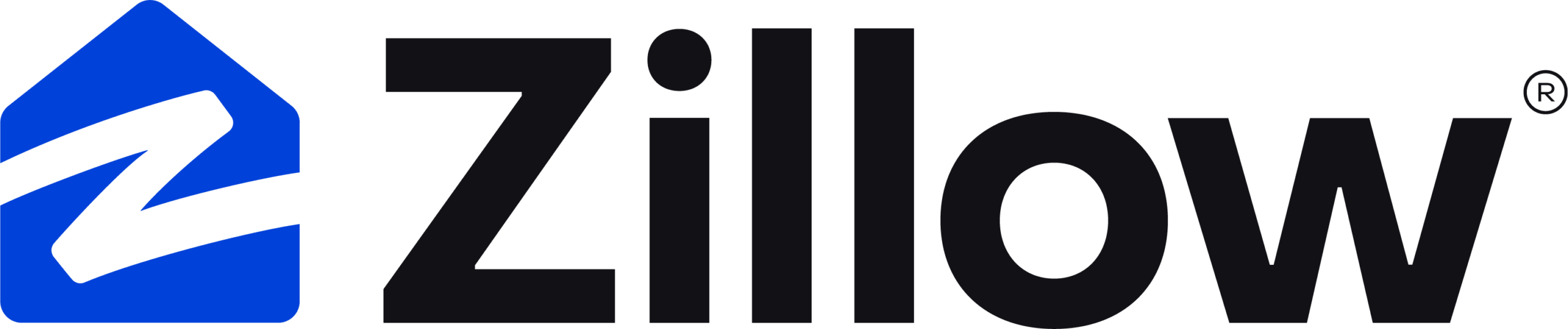 Zillow logo featuring stylized blue house icon with bold black text, representing real estate and property listings.